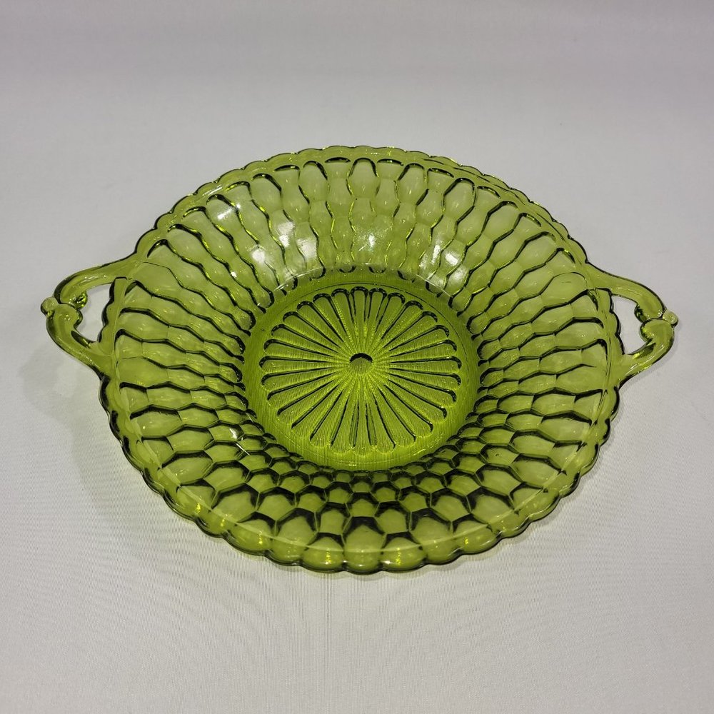 Carnival Glass Vintage 7.5" Green Candy Dish Bowl with Handles